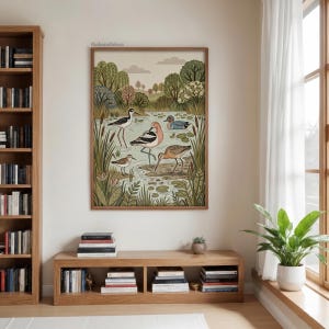 Puede incluir: Una impresi&oacute;n de arte mural enmarcada que presenta una ilustraci&oacute;n detallada de cuatro aves en un estanque pantanoso con juncos, nen&uacute;fares y &aacute;rboles. La obra muestra una paleta de colores verdes, marrones y rosas suaves, con el texto thebonafidesa visible.