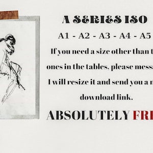 Puede incluir: Un boceto en blanco y negro de una persona sentada en una pose de pensamiento. El texto "A SERIES ISO A1 - A2 - A3 - A4 - A5 If you need a size other than the ones in the tables, please message. I will resize it and send you a new download link. ABSOLUTELY FREE" est&aacute; escrito en negro.