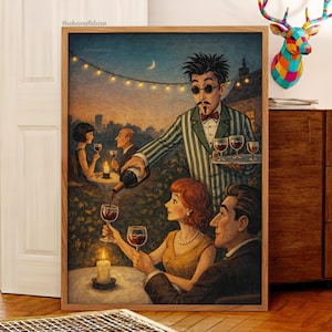Può includere: Una stampa artistica incorniciata raffigura una romantica scena di vino all'aperto. Un cameriere in abito a righe versa vino a una coppia, mentre altri gustano il vino a tavoli illuminati da candele. L'opera d'arte ha uno stile vintage.
