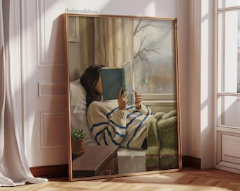 Minimalist Woman Reading Book Wall Art, Watercolor Painting, Book Lover Gift, Modern Wall Art, Abstract People Art, Contemporary Art
