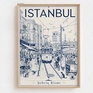 May include: A framed art print featuring a detailed blue ink illustration of an Istanbul street scene. The image depicts a tram, pedestrians, a street food cart labeled SIMIT, cats, and buildings. The text ISTANBUL and Sehrin Ritmi are visible.