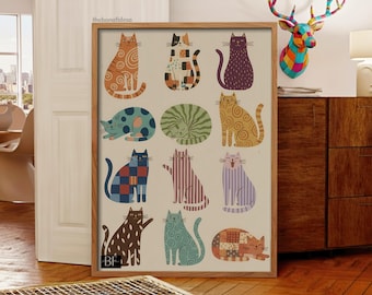 Whimsical Cat Art Print, Abstract Pop Art (Digital Download)