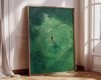 Green Abstract Swimming Art Print | Vintage Retro Wall Decor (Digital Download)