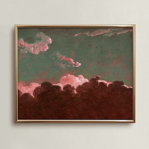 May include: A framed abstract painting with a dark red and green color scheme. The painting depicts a cloudy sky with pink clouds.