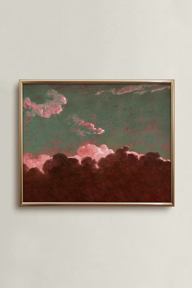 May include: A framed abstract painting with a dark red and green color scheme. The painting depicts a cloudy sky with pink clouds.