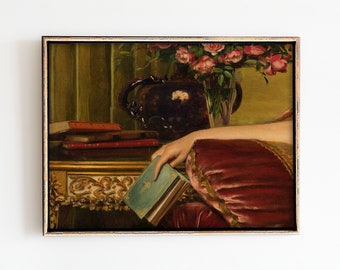 Vintage schilderij vrouw lezend: kleurrijke eclectische muurkunst (digitale download)
