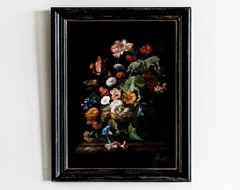 Dark Floral Still Life Painting, Vintage Flower Bouquet (Digital Download)