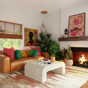 May include: A living room with a brown leather sofa, a white coffee table, and a fireplace with a brick surround. The room is decorated with plants, artwork, and a rug with an abstract pattern.