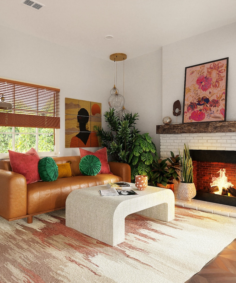 May include: A living room with a brown leather sofa, a white coffee table, and a fireplace with a brick surround. The room is decorated with plants, artwork, and a rug with an abstract pattern.