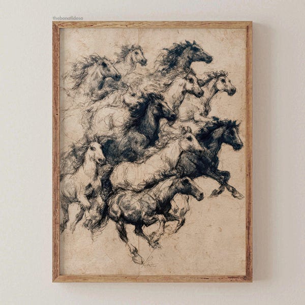 Wilde paarden schets AFDRUKBARE kunst | Vintage minimalistische paardensport tekening digitale download | Levendige kunstafdruk