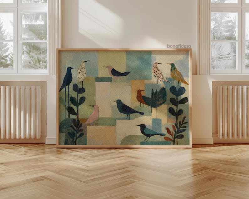 May include: A framed art print featuring a whimsical illustration of various birds. The birds are depicted in shades of blue, pink, orange, and yellow, set against a backdrop of geometric shapes in muted tones. The artwork is framed in a natural wood.