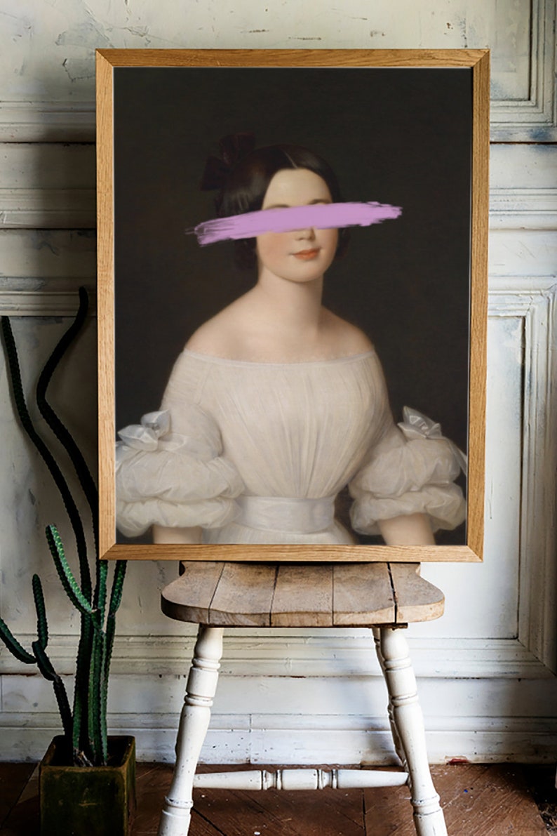 May include: A framed portrait of a woman in a white dress with a purple brushstroke covering her eyes.