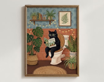 Funny Bathroom Poster, Cat Reading Newspaper Print, Toilet Wall Art Print, Vintage Cat Print, Maximalist Wall Art, Bathroom decor Wall Art