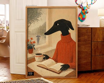 Greyhound Coffee and Read Art Print: Whimsical Funny Dog Poster i(Digital Download)