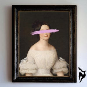 May include: A framed portrait of a woman in a white dress with a pink brushstroke covering her eyes.