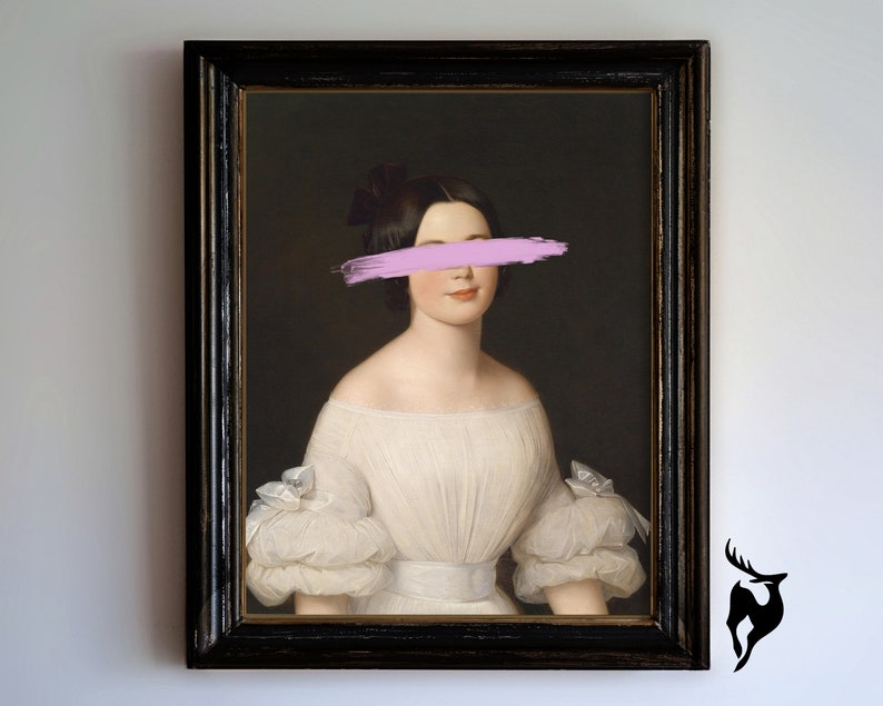 May include: A framed portrait of a woman in a white dress with a pink brushstroke covering her eyes.