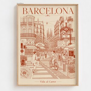 May include: A monochromatic terracotta-coloured art print titled BARCELONA and Vida al Carrer. The illustration depicts a busy city street scene with pedestrians, a cyclist, outdoor cafe seating, a metro sign, and architectural landmarks.