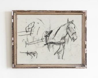 Horse Sketch Print, Light Academia Decor, Vintage Drawing, Line Art, Minimalist Dark Abstract Prints, Farmhouse Printable Wall Art