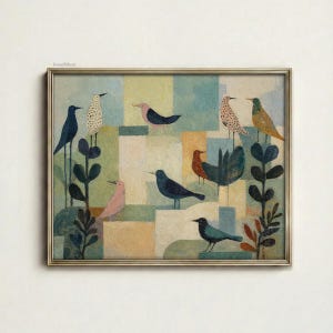 May include: A framed artwork featuring a collection of stylized birds in various colors, including blue, pink, and orange, set against a geometric background of muted tones. The birds are perched on stylized plant forms.