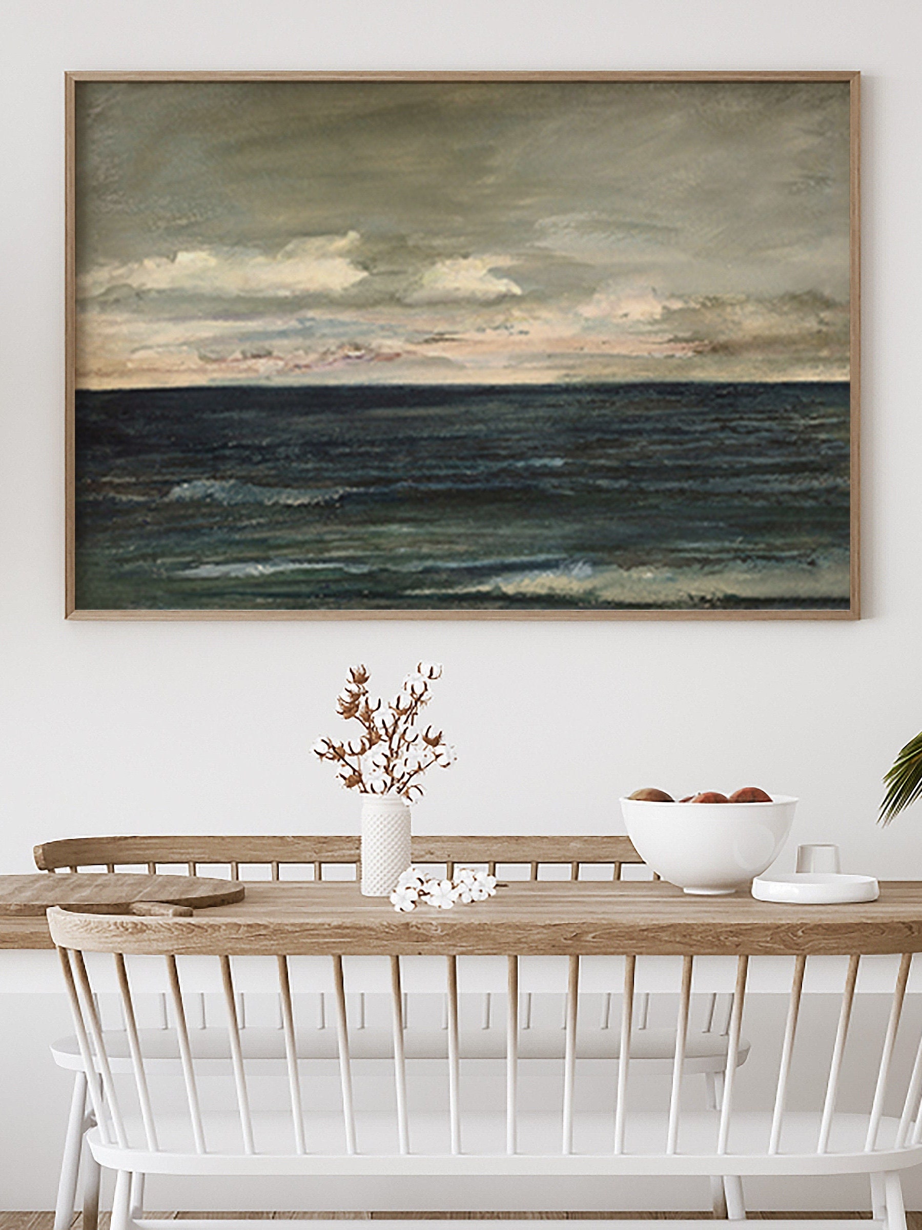 ヴィンテージ風の海の油絵、海岸沿いのアンティークアート（デジタル