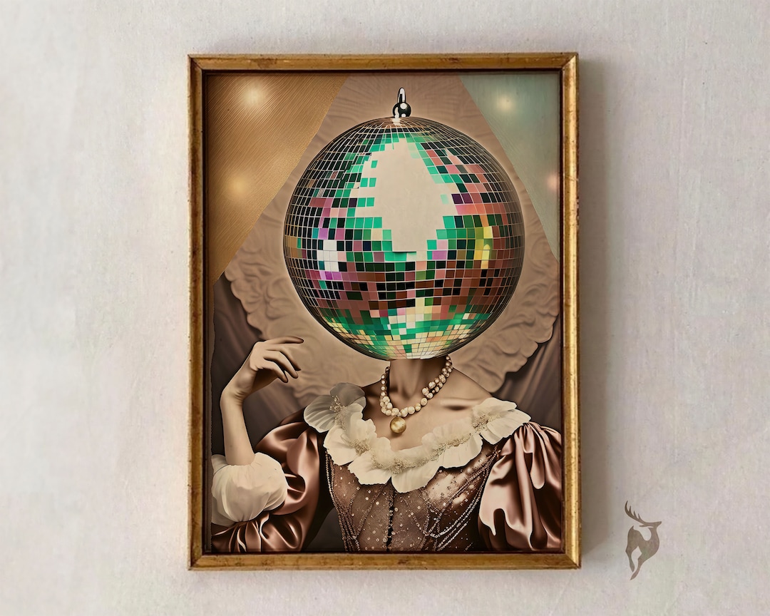 Female Disco Ball Head Poster Funky Disco 70s Print Black Etsy