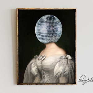 Retro Disco Ball, Disco Wall Art, Feminine Bedroom Art, Portrait Of a Woman, Elegant Portrait, Funny Altered Art, Moody Portrait Print