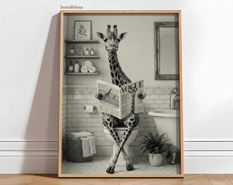 Giraffe Print, Funny Bathroom Decor, Giraffe in Toilet, Animal in toilet, Black And White Giraffe, Wall Art, Printable Digital Download
