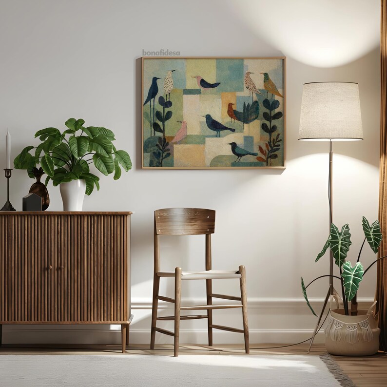 May include: A framed artwork featuring stylized birds in various colors against a geometric background. The artwork hangs above a wooden chair and cabinet. A floor lamp and potted plants complete the room's decor. The text "bonafidesa" is in the top left corner.