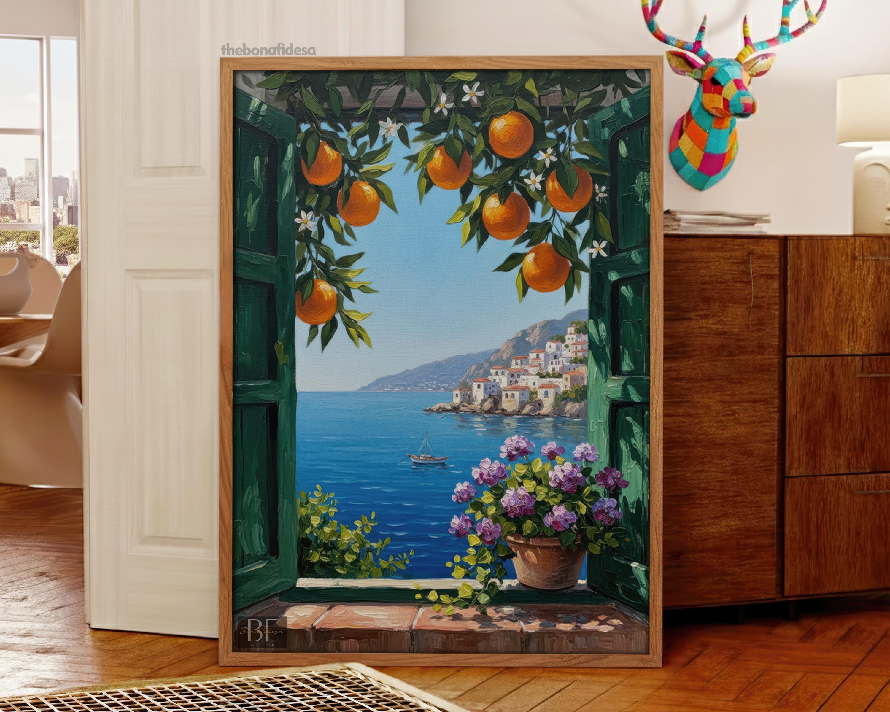 Mediterranean Window View Printable Art – Coastal Lemon Tree Wall Decor ...