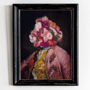 Altered Vintage Oil Painting Portrait, Man Pink Flower Head Eclectic Printable Fine Art Male Wall Surreal Flowers Floral Renaissance Artwork