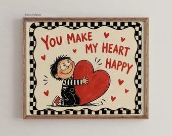 Quadro da parete "Mi rendi felice il cuore", stampa carina per San Valentino, poster d'amore stravagante, decorazione romantica per la cameretta dei bambini, stampa artistica a forma di cuore