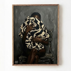 May include: A framed painting shows a person seated on a wooden chair, holding a black and white patterned fabric. The artwork has a muted colour palette with a grey background and a wooden frame.