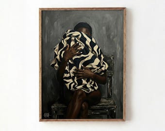 Neutral Wall Art, Afrocentric Abstract Black Woman Digital Print - Black & White Stripes
