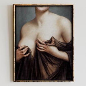 May include: A painting depicting a woman's torso, with her bare shoulders and chest partially covered by a sheer black fabric. The woman's skin is painted in a realistic style, with subtle highlights and shadows.