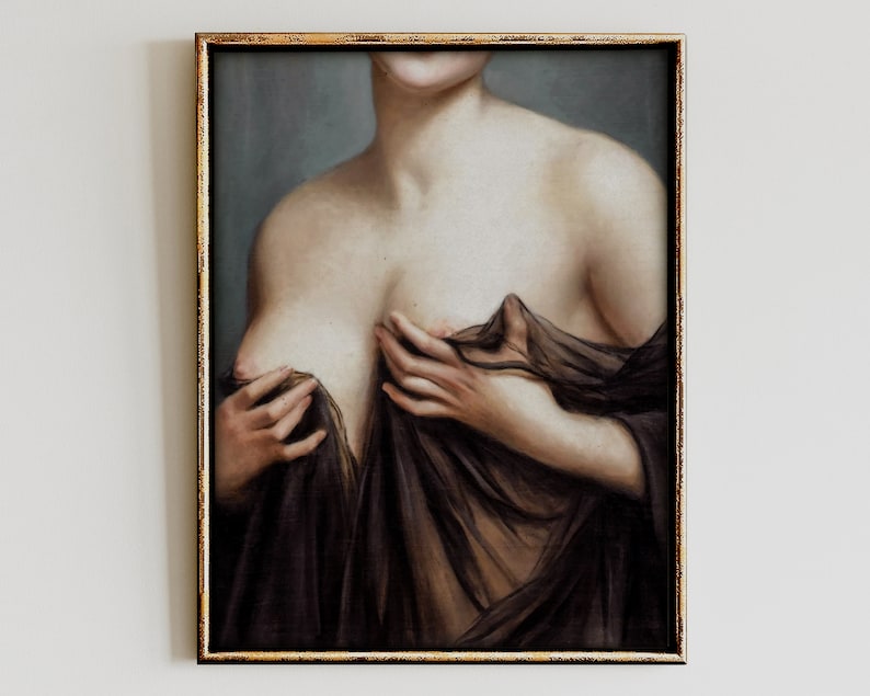 May include: A painting depicting a woman's torso, with her bare shoulders and chest partially covered by a sheer black fabric. The woman's skin is painted in a realistic style, with subtle highlights and shadows.
