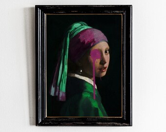 Funky Girl with a Pearl Earring Art Print, Maximalist Home Decor (Digital Download)
