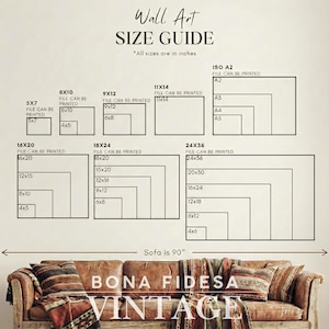 May include: A wall art size guide with various rectangular dimensions in inches, including 5x7, 8x10, 9x12, 11x14, 16x20, 18x24, and 24x36. The guide also includes ISO A2, A3, A4, and A5 sizes. The text "Wall Art SIZE GUIDE" is at the top.