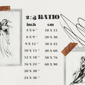 May include: A chart showing different sizes for art prints in a 2:3 ratio. The chart lists the dimensions in inches and centimeters. The sizes range from 4x6 inches to 24x36 inches.