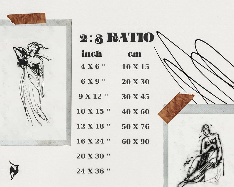 May include: A chart showing different sizes for art prints in a 2:3 ratio. The chart lists the dimensions in inches and centimeters. The sizes range from 4x6 inches to 24x36 inches.
