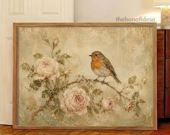Stampa vintage di pettirosso e rose (download digitale)