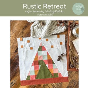 Może przedstawiać: Wzór na kołdrę zatytułowany "Rustic Retreat" autorstwa Sew Joyful Studio. Blok kołdry ma geometryczny wzór z trójkątem i kwadratem w odcieniach bieli, pomarańczy, zieleni i różu. Gotowy rozmiar bloku to 50.8 cm x 50.8 cm.