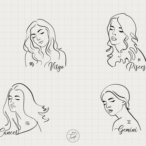 May include: Line art illustrations of four zodiac signs: Virgo, Pisces, Cancer, and Gemini. Each illustration features a woman's face with flowing hair and the corresponding zodiac symbol.