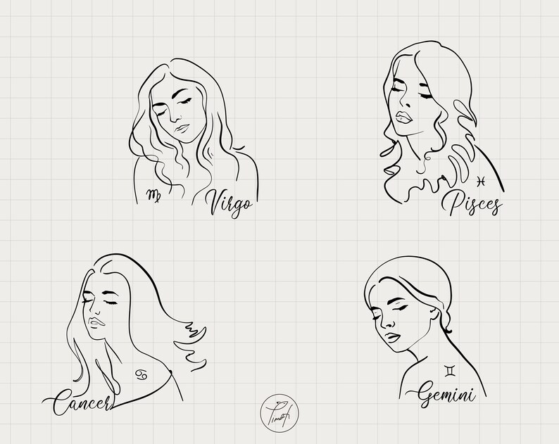 May include: Line art illustrations of four zodiac signs: Virgo, Pisces, Cancer, and Gemini. Each illustration features a woman's face with flowing hair and the corresponding zodiac symbol.