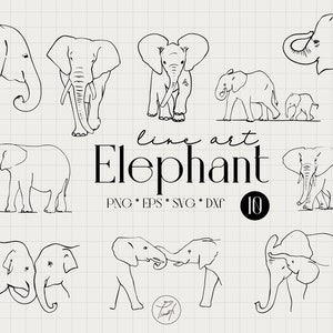 Elefante svg, elefante mamá y bebé svg, licencia comercial de dibujo de una línea Png, Eps, Dxf