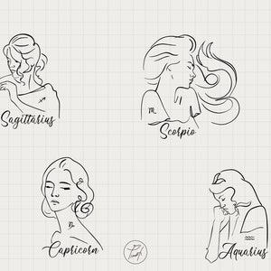 May include: Line art illustrations of zodiac signs, each depicting a woman with a unique hairstyle and pose. The signs are Sagittarius, Scorpio, Capricorn, and Aquarius.