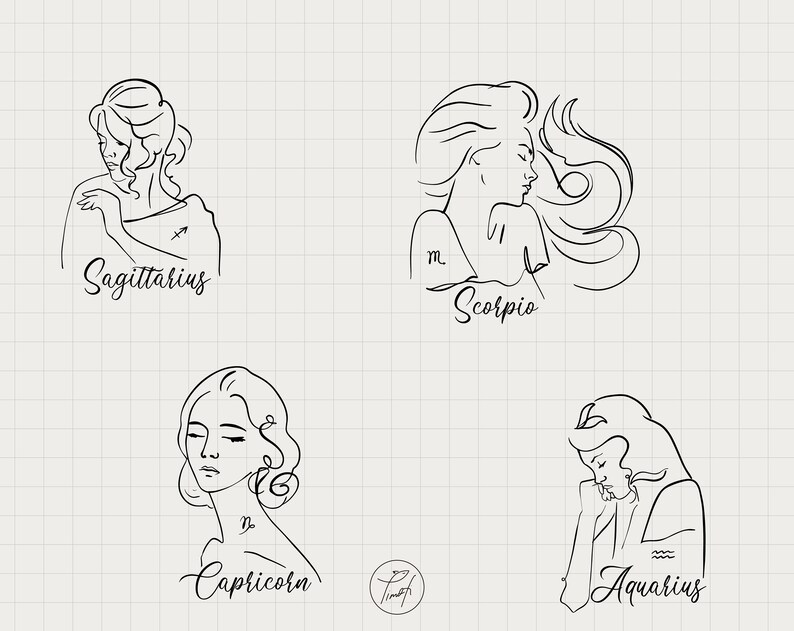 May include: Line art illustrations of zodiac signs, each depicting a woman with a unique hairstyle and pose. The signs are Sagittarius, Scorpio, Capricorn, and Aquarius.