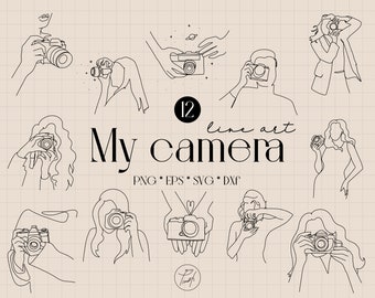 Zeer fijne tekeningen camera clipart svg, gezicht enkele lijntekeningen, vrouw één lijntekening commerciële licentie Png, Eps, Dxf