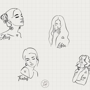 May include: Line art illustrations of four zodiac signs: Aries, Libra, Taurus, and Leo. Each sign is depicted as a woman with a stylized portrait and the zodiac symbol.