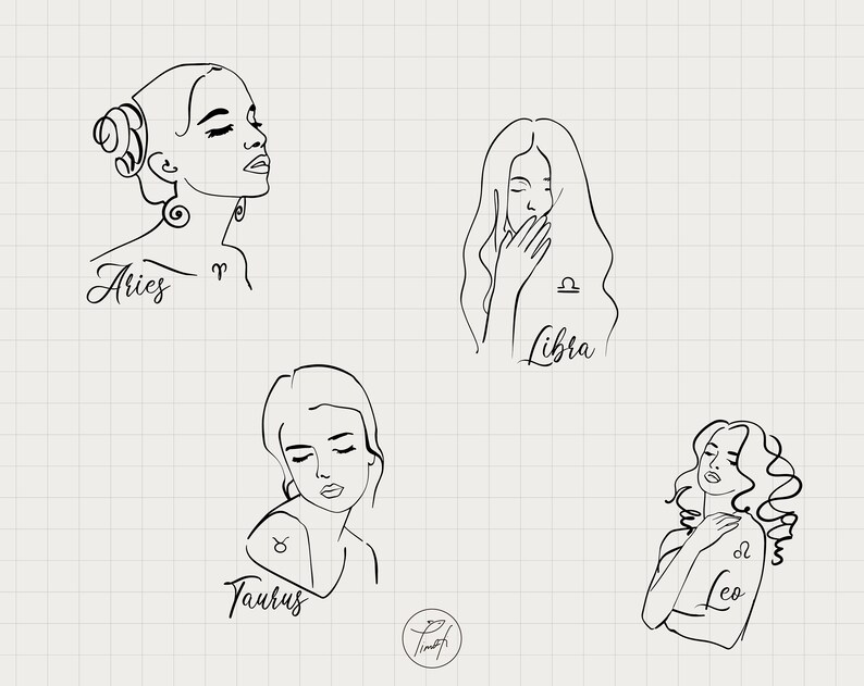 May include: Line art illustrations of four zodiac signs: Aries, Libra, Taurus, and Leo. Each sign is depicted as a woman with a stylized portrait and the zodiac symbol.