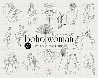 May include: A set of 24 line art illustrations featuring women with bohemian style, including floral elements and palm leaves. The text "Boho Woman line art 24 PNG * EPS * SVG * DXF" is included in the image.